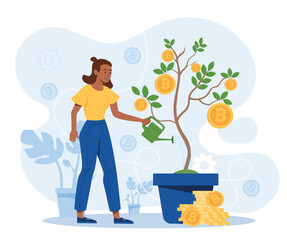 Obraz na płótnie Canvas Investment money concept. Young girl with watering can near tree. Financial literacy and passive income. Cryptocurrency and bitcoin, investment and earnings. Cartoon flat vector illustration