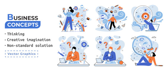 Non standart solution, thinking, creative imagination business concepts set. Solving problem, answer to hard question or creativity idea and innovation help business success, great decision, challenge © Dmytro