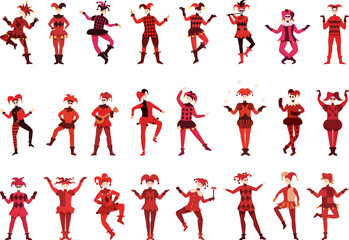 Harlequin icons set cartoon vector. Joker card. Jester clown