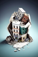Destruction natural disaster concept after earthquake. 3D rendering style. Vertical Generative AI Illustration
