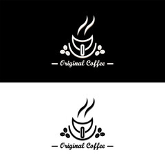 Small cup mug and coffee bean sprinkles around it in triangle shape for classic coffee shop logo