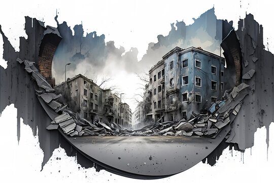 City destroyed after earthquake natural disaster. Generative AI Illustration