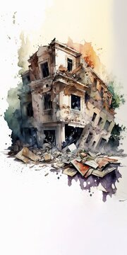 Earthquake catastrophe concept. Watercolor painting style illustration. Vertical Generative AI Illustration