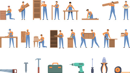Furniture assembly icons set cartoon vector. Wood work. Design production