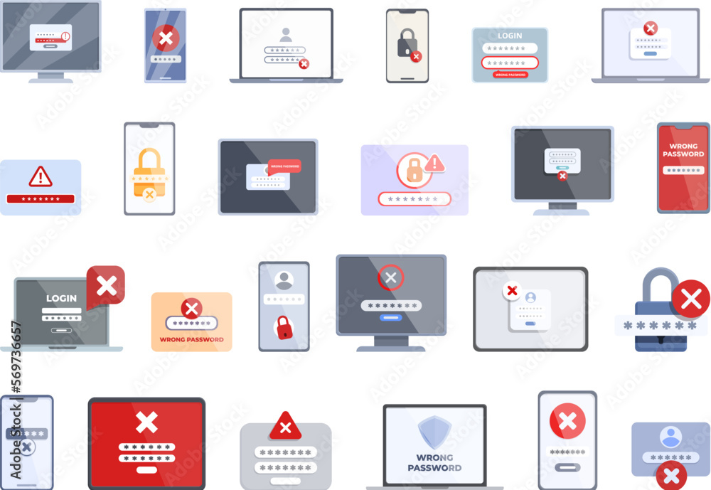 Poster wrong password icons set cartoon vector. key lock. login security