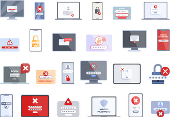 Wrong password icons set cartoon vector. Key lock. Login security