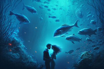 Obraz na płótnie Canvas Couple standing in front of an aquarium generative ai 