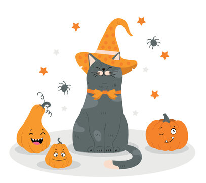 Cat and whitch hat. Symbol of Halloween and international scary holiday of fear and horror. Kitten sitting next to pumpkin. Design element for greeting postcard. Cartoon flat vector illustration