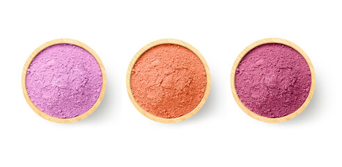 Set of Fruity protein powder with herb powder in wooden bowl on white background. Top view