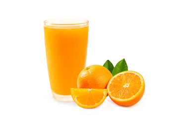 Glass of orange juice and oranges isolated on white background.