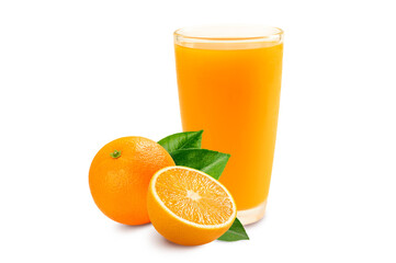 Glass of orange juice and oranges with half and leaves on white background.