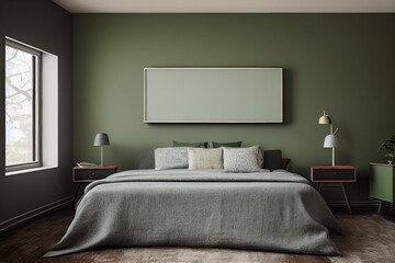 Cozy Beautiful Sage Green Primary Bedroom Interior with minimal staged furniture pillows hardwood floors daylight mockup frame Made with Generative Ai