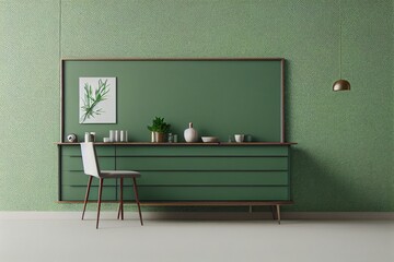 Clean Modern Interior with Sage Green accent wall with minimal staged furniture wood accents mockup frame home decor Made with Generative Ai
