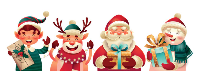 Christmas characters set. Collection of graphic elements for website. Snowman, santa and elf with gift boxes, deer with garland. Cartoon flat vector illustrations isolated on white background - obrazy, fototapety, plakaty