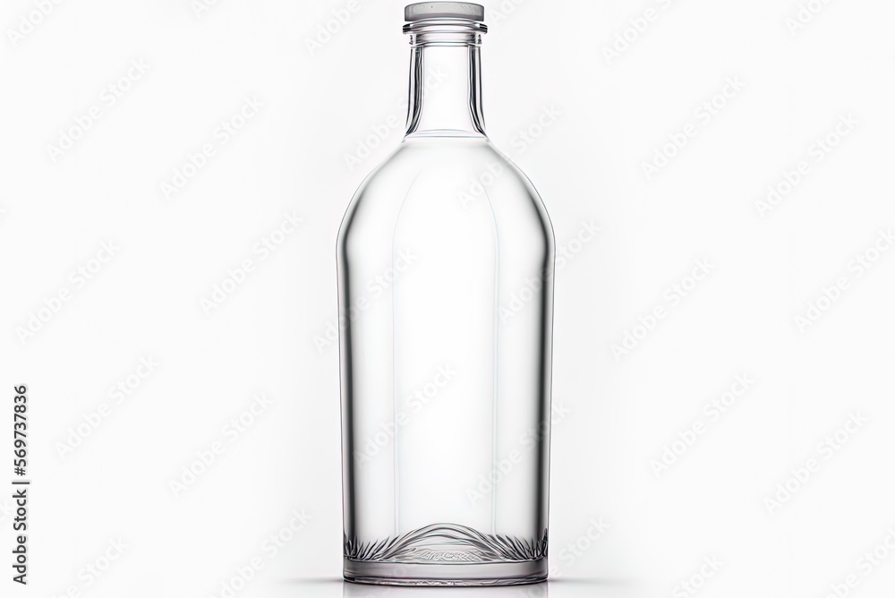 Poster photograph of an empty glass bottle placed vertically on a white backdrop generative ai
