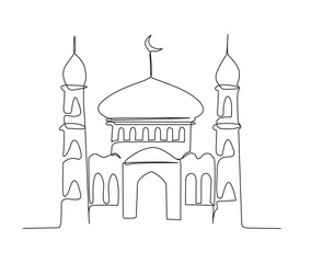 Continuous one line drawing of Mosque. Simple illustration of islamic mosque building line art vector illustration.