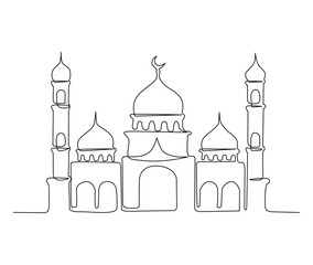 Continuous one line drawing of Mosque. Simple illustration of islamic mosque building line art vector illustration.