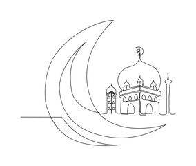 Continuous one line drawing of Ramadan Kareem Symbol. Simple illustration of ramadan latern, mosque, moon  line art vector illustration.