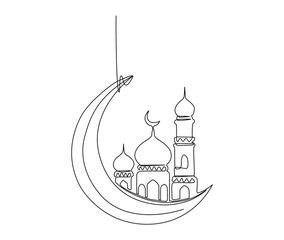 Continuous one line drawing of Ramadan Kareem Symbol. Simple illustration of ramadan latern, mosque, moon  line art vector illustration.
