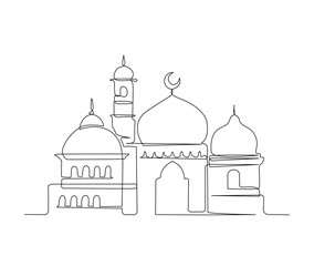 Continuous one line drawing of Mosque. Simple illustration of islamic mosque building line art vector illustration.