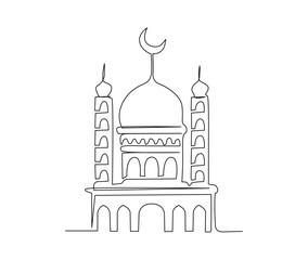 Continuous one line drawing of Mosque. Simple illustration of islamic mosque building line art vector illustration.