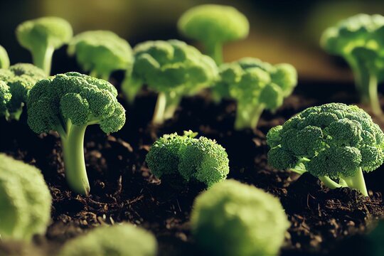 Plant Growth Or Sprouts Sprouting Broccoli From The Ground, Plant Life Timelapse. Generative AI