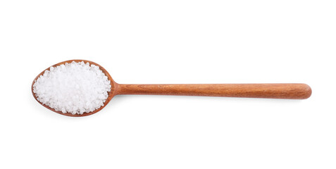Fototapeta na wymiar Wooden spoon with natural sea salt isolated on white, top view
