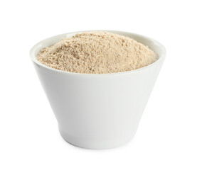 Bowl of buckwheat flour isolated on white
