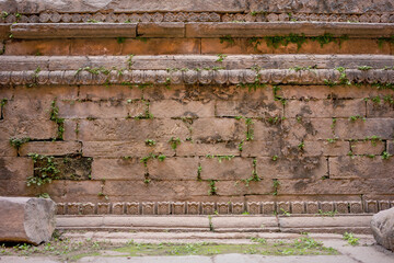 Frontal view of an old brick temple wall with a few plants in the joints. There's a broken pillar...