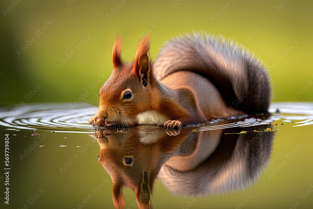 Poster scarlet squirrel (sciurus vulgaris) of eurasia munching on a nut while sitting in a puddle. generati