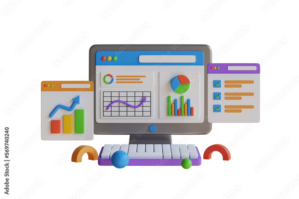 Poster 3d automated data analysis, financial forecast, market research. concept with laptop computer, chart
