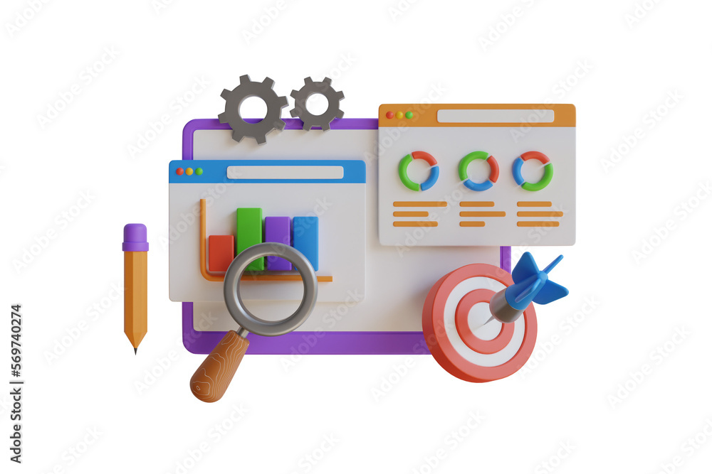 Poster 3d illustration of charts and graph with analysis business financial data. tools for data analysis, 