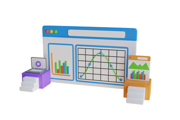 3D Automated data analysis, financial forecast, market research. Concept with laptop computer, charts diagrams, graphs and place for text. Tools for data analysis, statistical or financial analytics. 