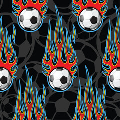 Burning Football balls repeating tile background. Soccer balls and tribal fire flames seamless pattern vector image wrapping paper design.
