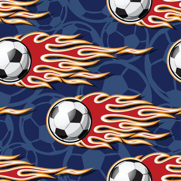 Football and tribal fire flame seamless pattern vector art image. Flaming soccer balls continuous background wallpaper sports texture.