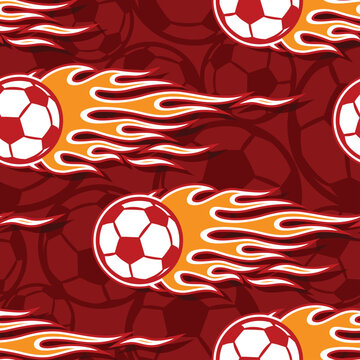 Football balls in burning fire flame seamless pattern vector art image. Soccer balls repeating tile sports background wallpaper texture.
