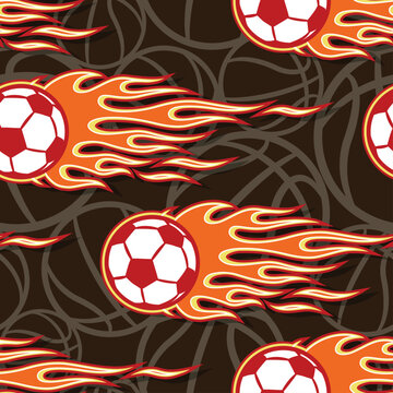 Football and tribal fire flames Seamless pattern vector art image. Burning soccer balls repeating tile sports background wallpaper texture.