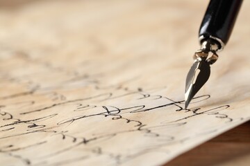 Writing with fountain pen on vintage parchment at table, closeup. Space for text