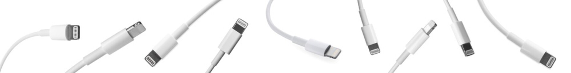 Cable with lightning connector on white background, views from different sides