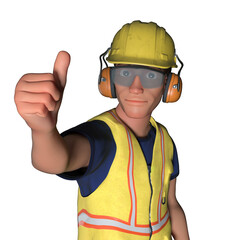 cartoon man construction worker hard hat safety glasses noise cancelling headphones yellow bib white background 3D illustration