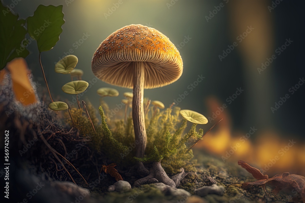 Poster a vertical view of a mushroom in the wild generative ai