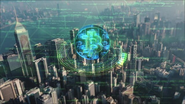 Aerial view of Hong Kong city and digital bitcoin symbol.