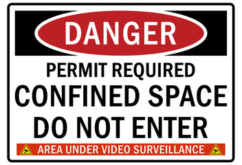 Confined space sign and labels permit required, confined space do not enter, area under video surveillance