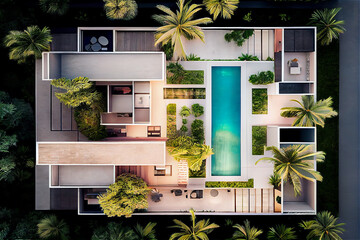 Aerial view of a luxury building with pool in a tropical garden, generative AI
