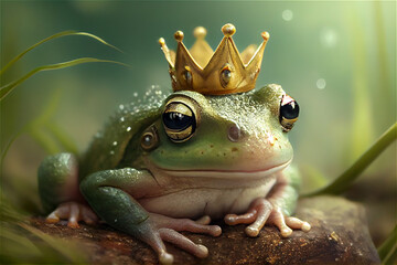Cute frog wearing a crown on a lily pad in the middle of a pond, generative AI
