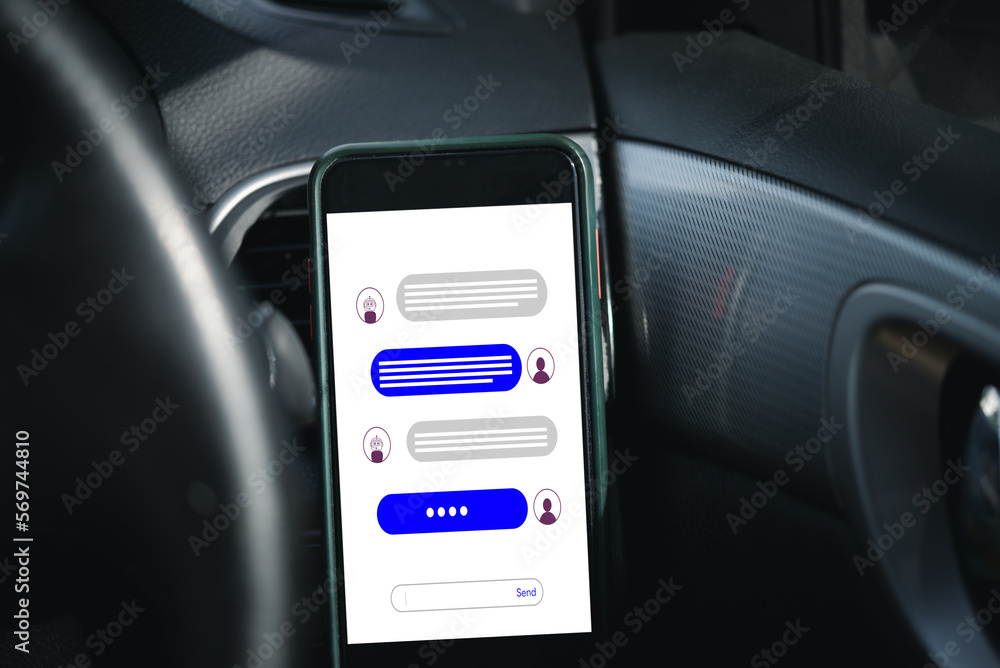 Poster smartphone in car chatbot with artificial intelligence technology virtual information and customer s