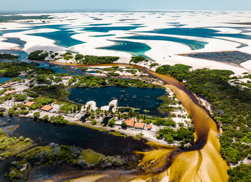aerial photo with drone of Len&ccedil;&oacute;is Maranhenses in Santo Amaro in Brazil