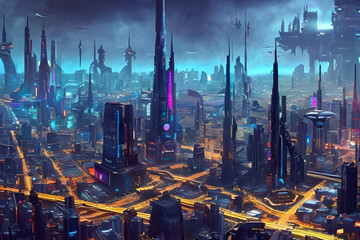 Ultramodern cyberpunk city illustration, futuristic city with super modern architecture. Generative AI illustration