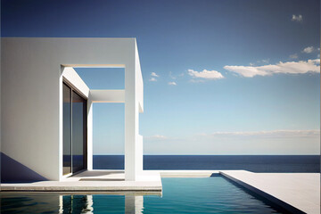Contemporary residential villa with modern architecture, swimming pool and sea view. Generative AI illustration