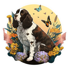 A cute dog in garden sticker. Fit for merchandise print, apparel, shirt, banner, greeting card, envelope. Generative ai

